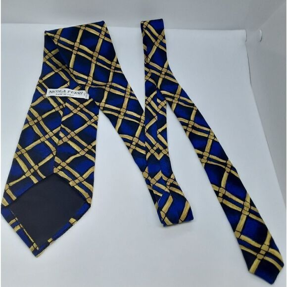 Nicola Ferri Italy Navy Blue/Blue/Yellow Plaid Tie 100% Pure Silk - Picture 6 of 7
